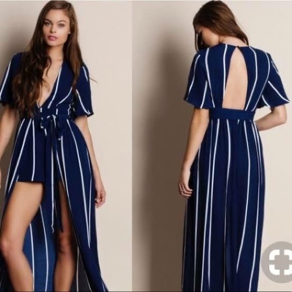 Japna Navy stripe romper jumpsuit deep plunge open back - Picture 7 of 8
